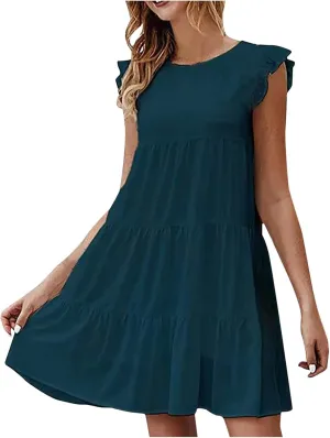 Womens Summer Sundresses 2024 Loose Sleeveless Solid Tiered Ruffle Dresses Swing Vacation Crew Neck Midi Dress