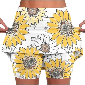 Womens Tennis Skorts Skirts with Built in Shorts Summer Sunflower Print Skirted Shorts Running Workout Skort