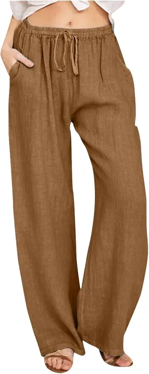 Women's Wide Leg Linen Pants Dressy High Waist Palazzo Pant Plus Size Button Down Trouser with Pocket