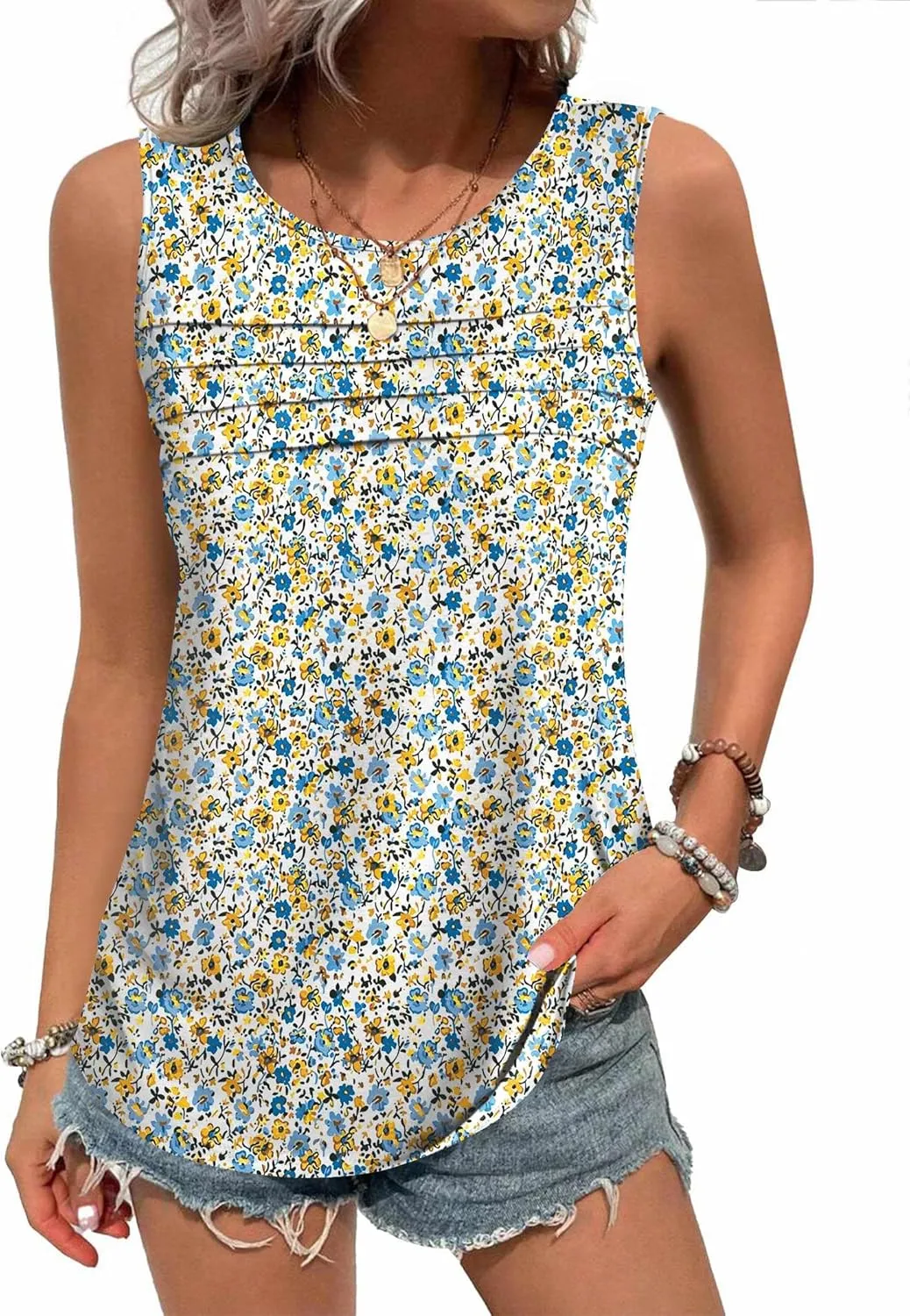 Zeagoo Womens Tops Dressy Casual Summer Loose Fit Tank Tops Trendy Pleated Front Scoop Neck Sleeveless Tunic Shirts